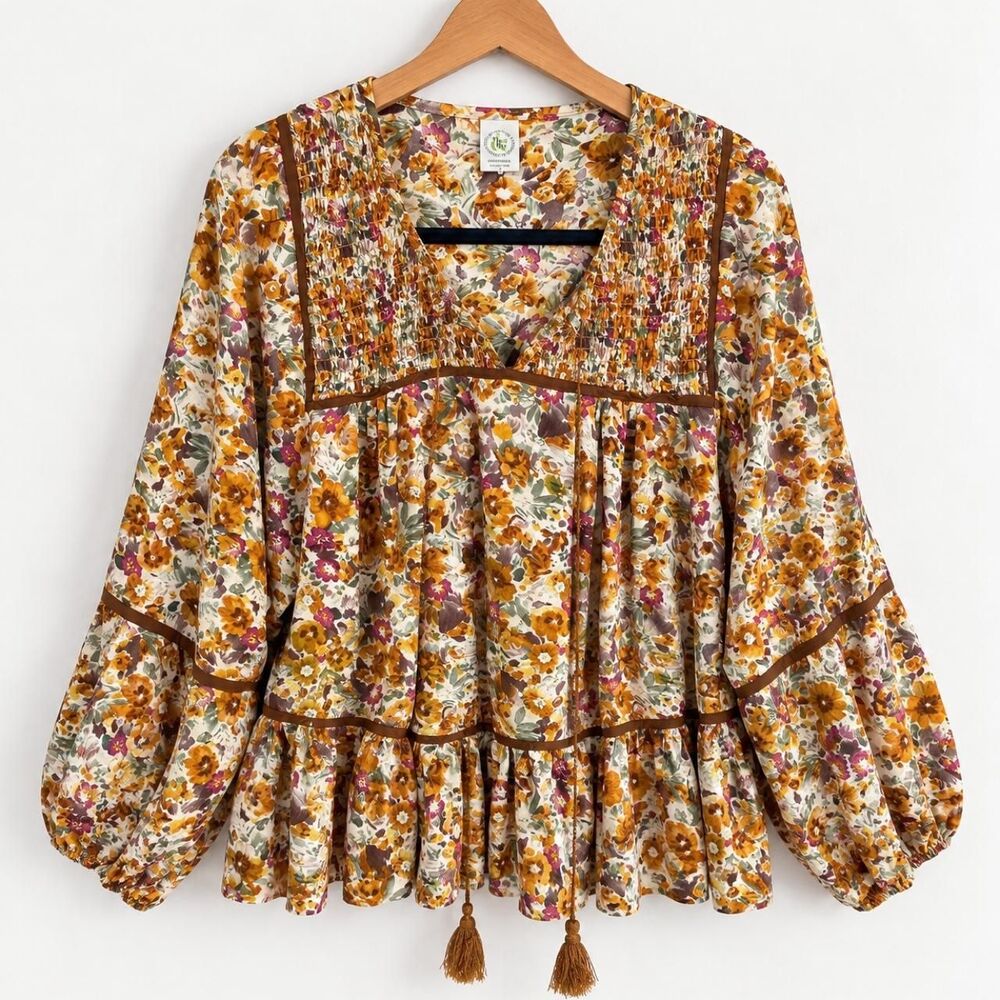 Floral Peasant Blouse 70s Boho Prairie Bell Sleeve Top Sz.S